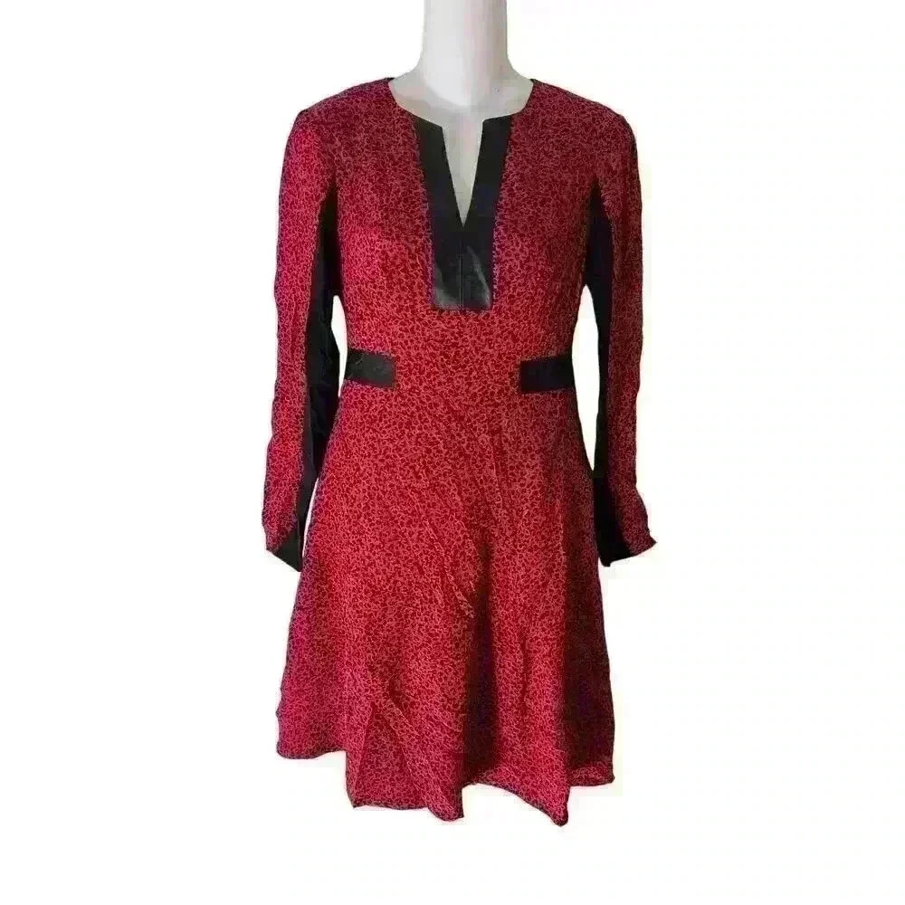 Nanette Lepore Womens Size 0 Pink Black Leopard Print Silk Leather Trim Dress - Picture 4 of 10